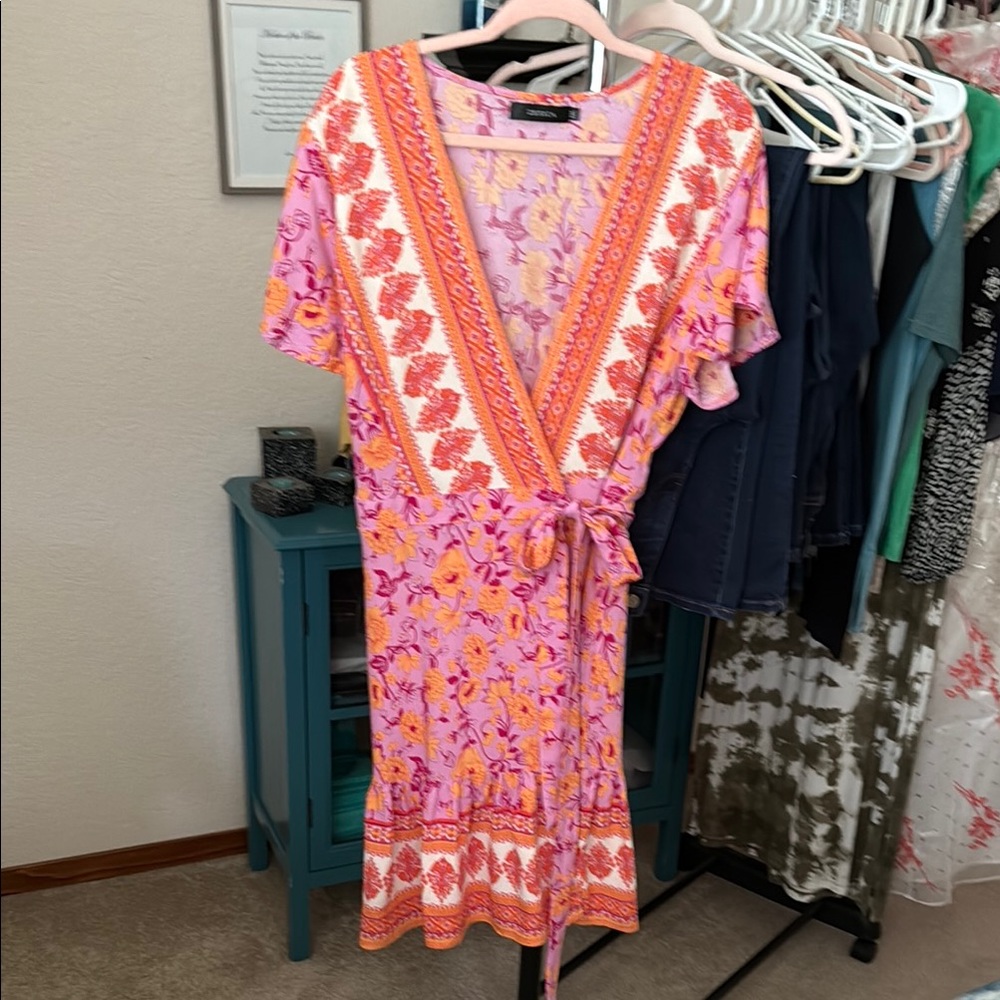 Zesica Pink & Orange Wrap Dress, Size XXL